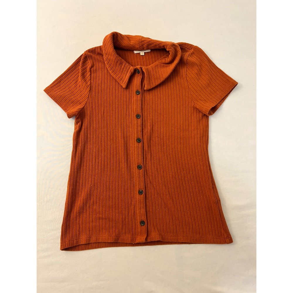 Madewell Burnt Orange Ribbed Button Front Peter Pan Collar Top Small